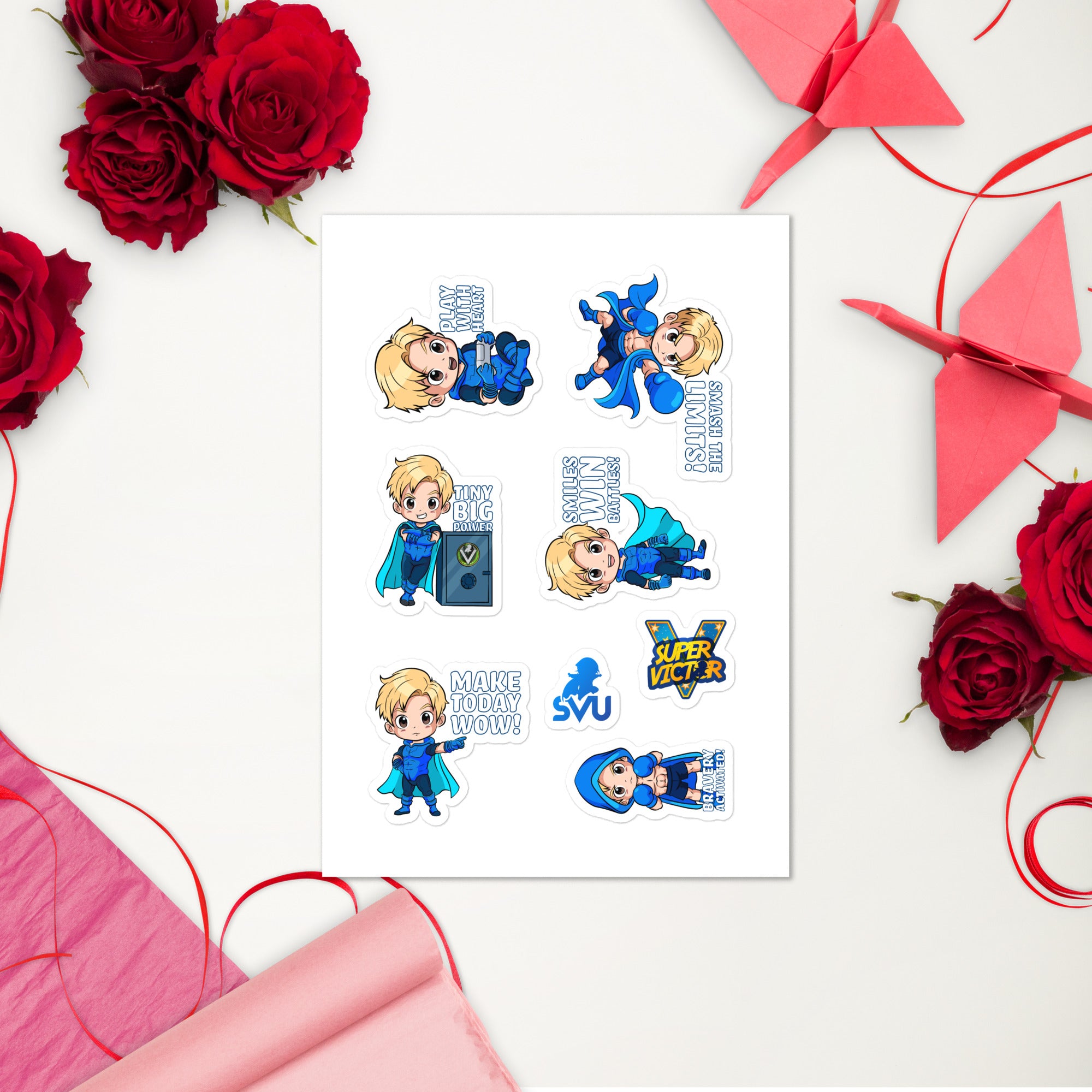 Glossy WOW decorative superhero sticker sheet with colorful characters