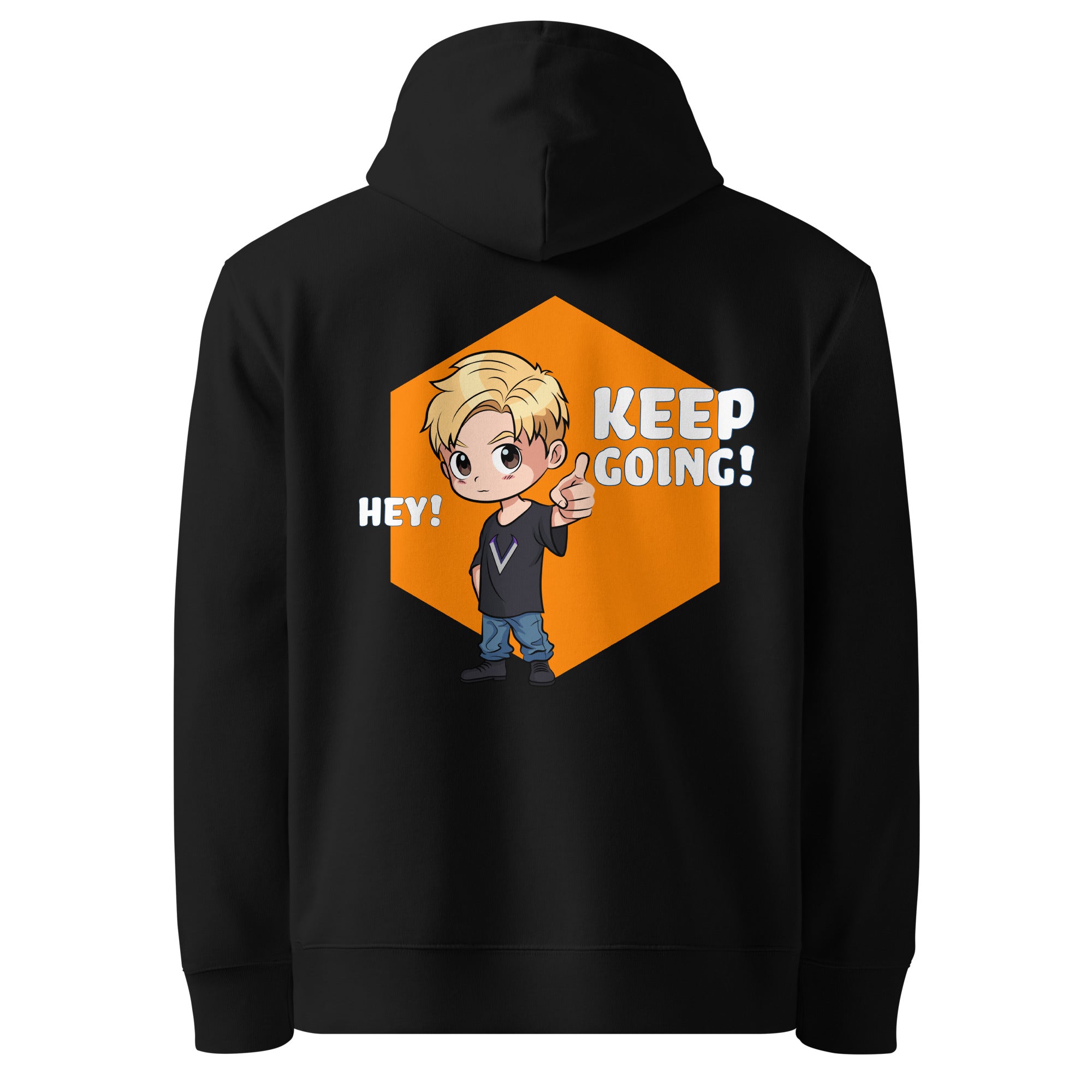 Back view of KEEP GOING hoodie with bold motivational design