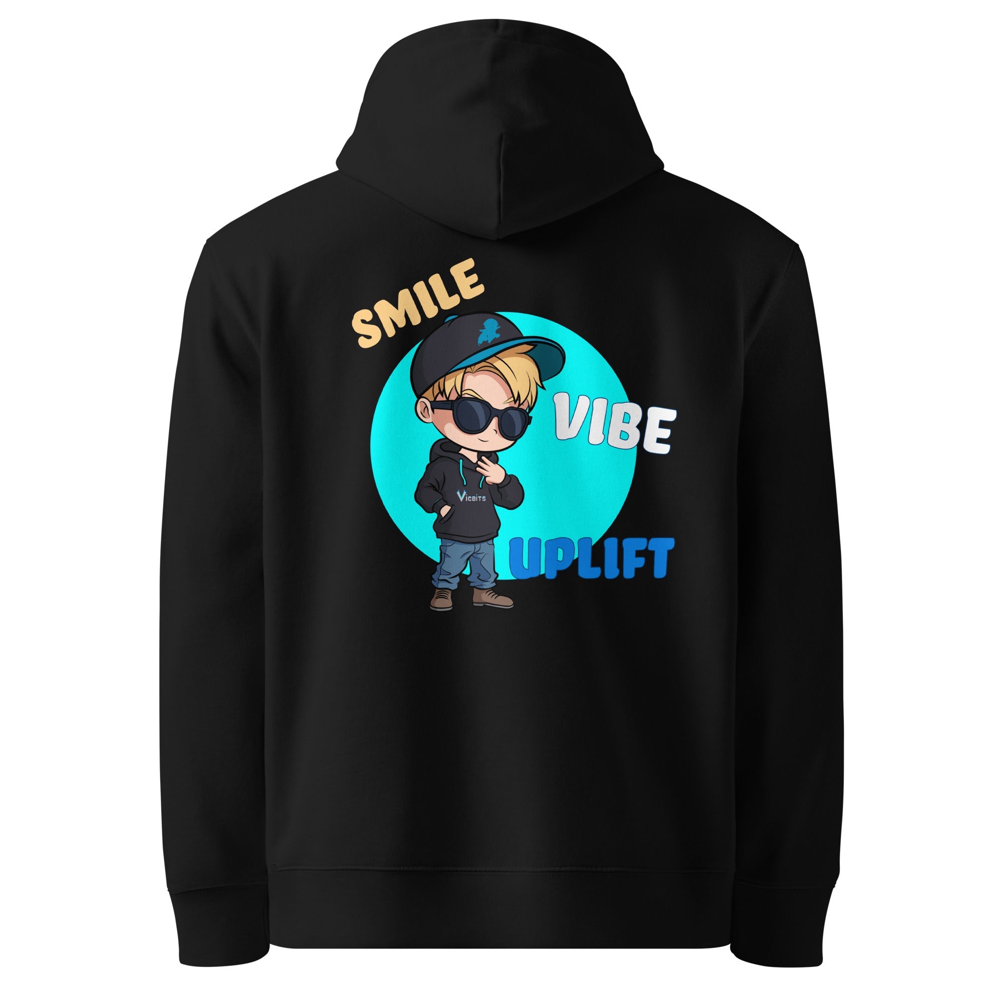 Back view of VIBE hoodie with positive design by SuperVictor