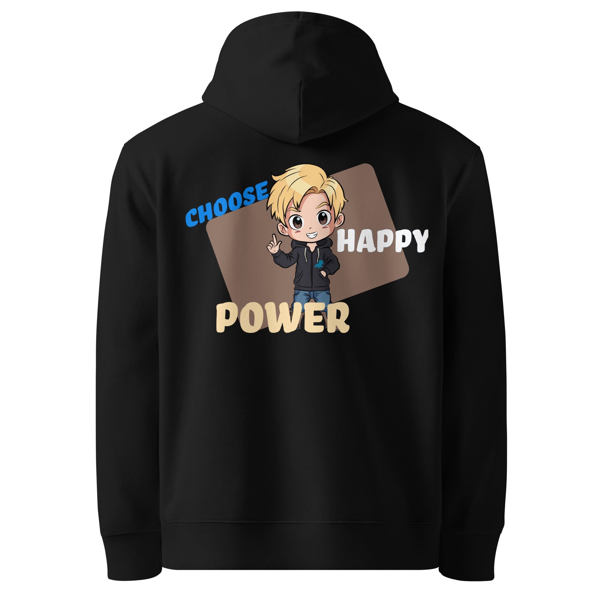 Back view of HAPPY hoodie with positive design by SuperVictor
