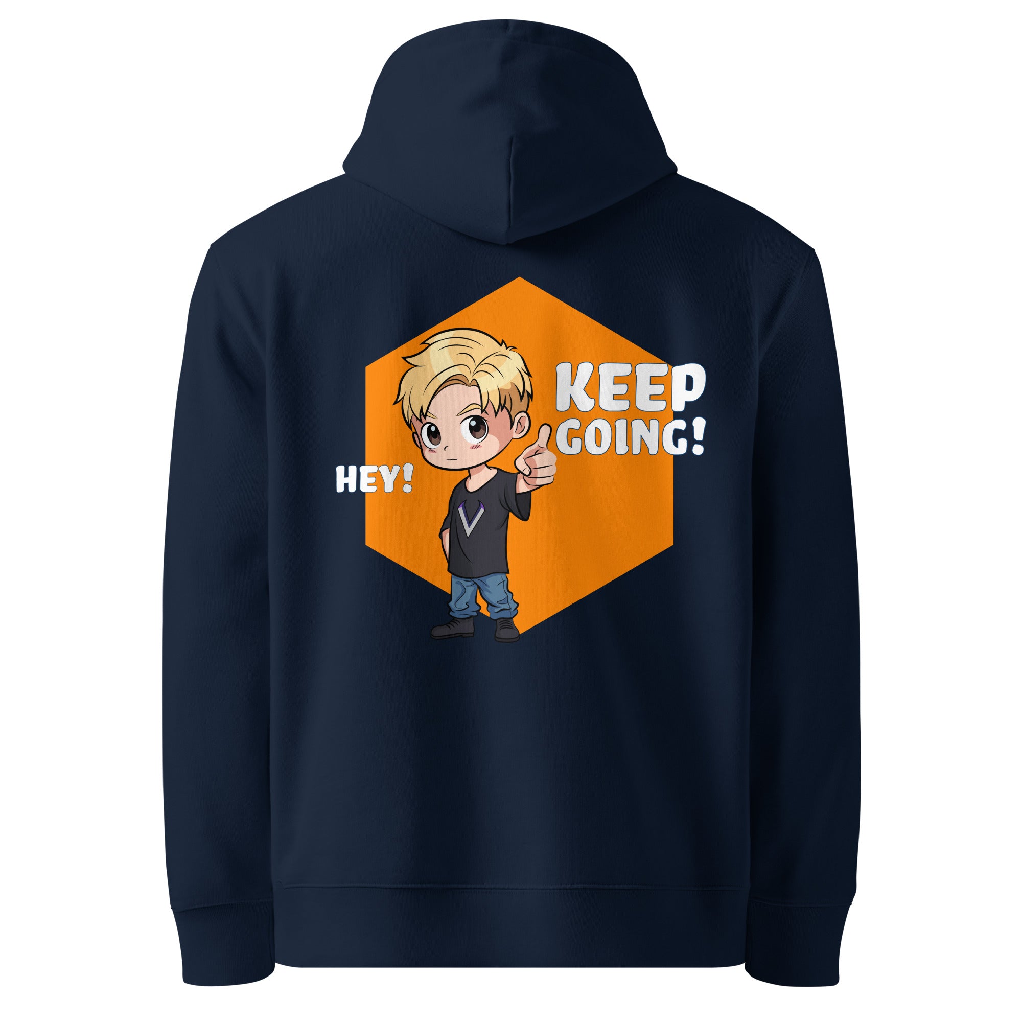 Back view of KEEP GOING hoodie with bold motivational design
