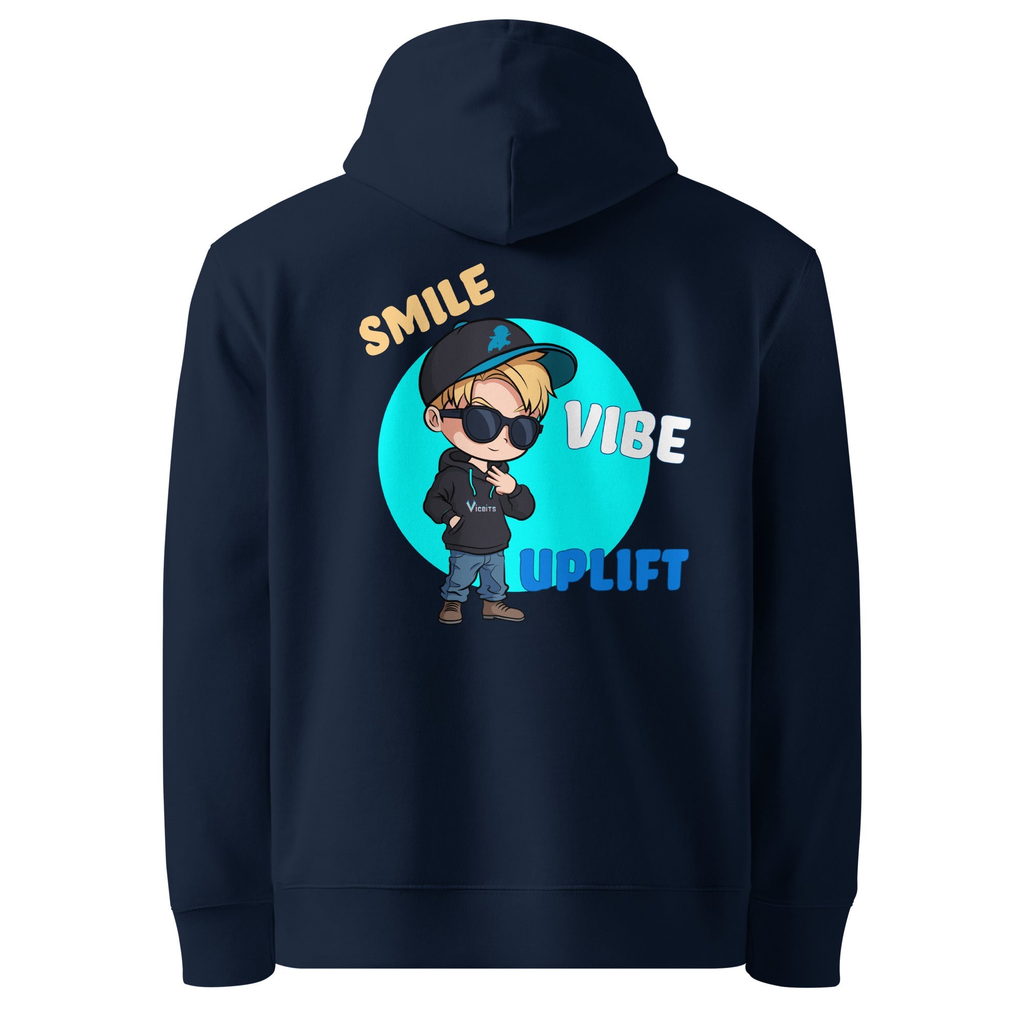 Back view of VIBE hoodie with positive design by SuperVictor