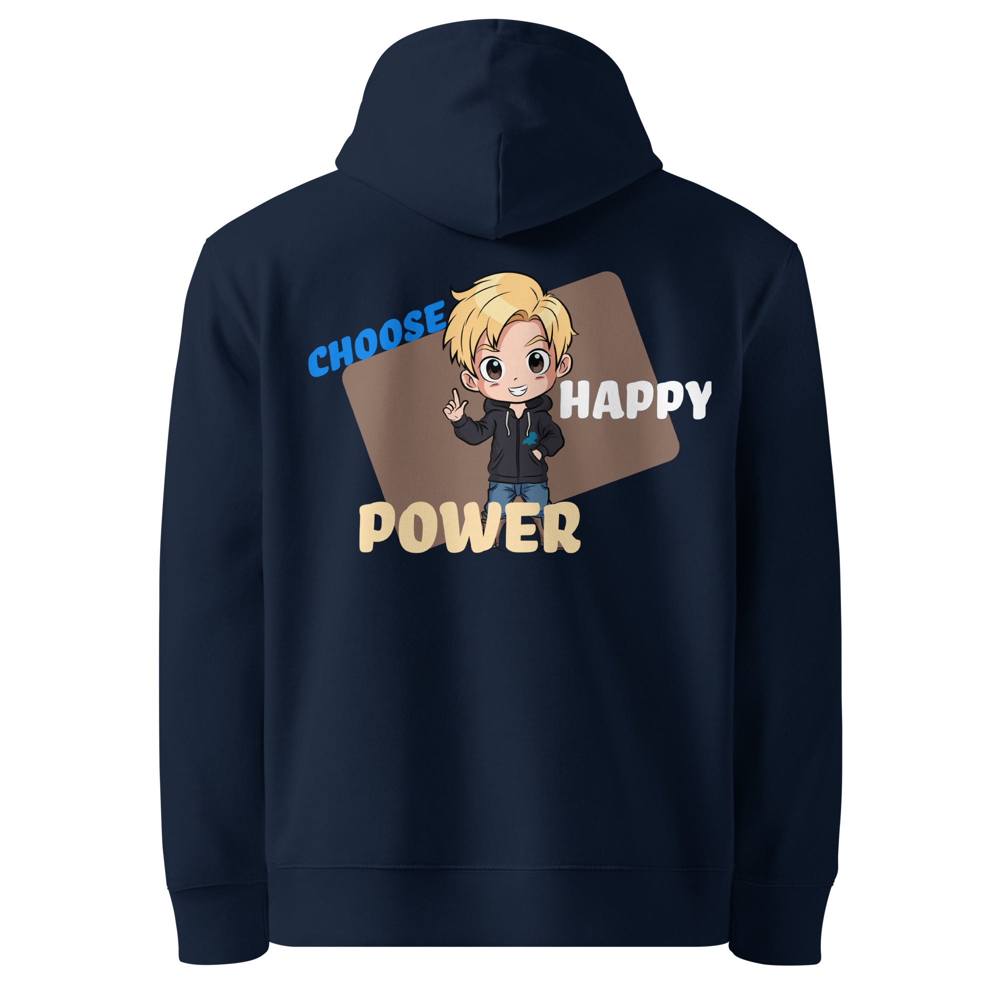 Back view of HAPPY hoodie with positive design by SuperVictor