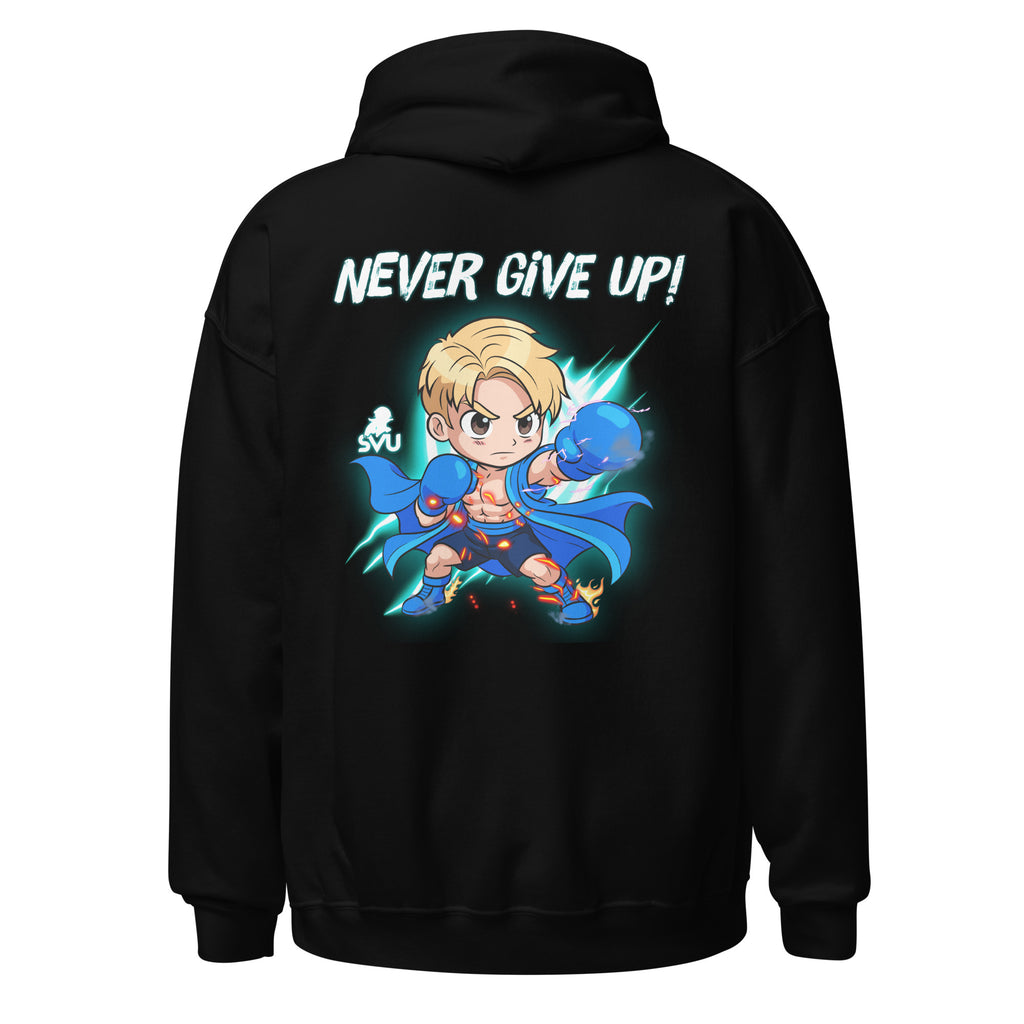 Back view of Never Give Up hoodie with motivational design by SuperVictor