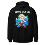 Back view of Never Give Up hoodie with motivational design by SuperVictor
