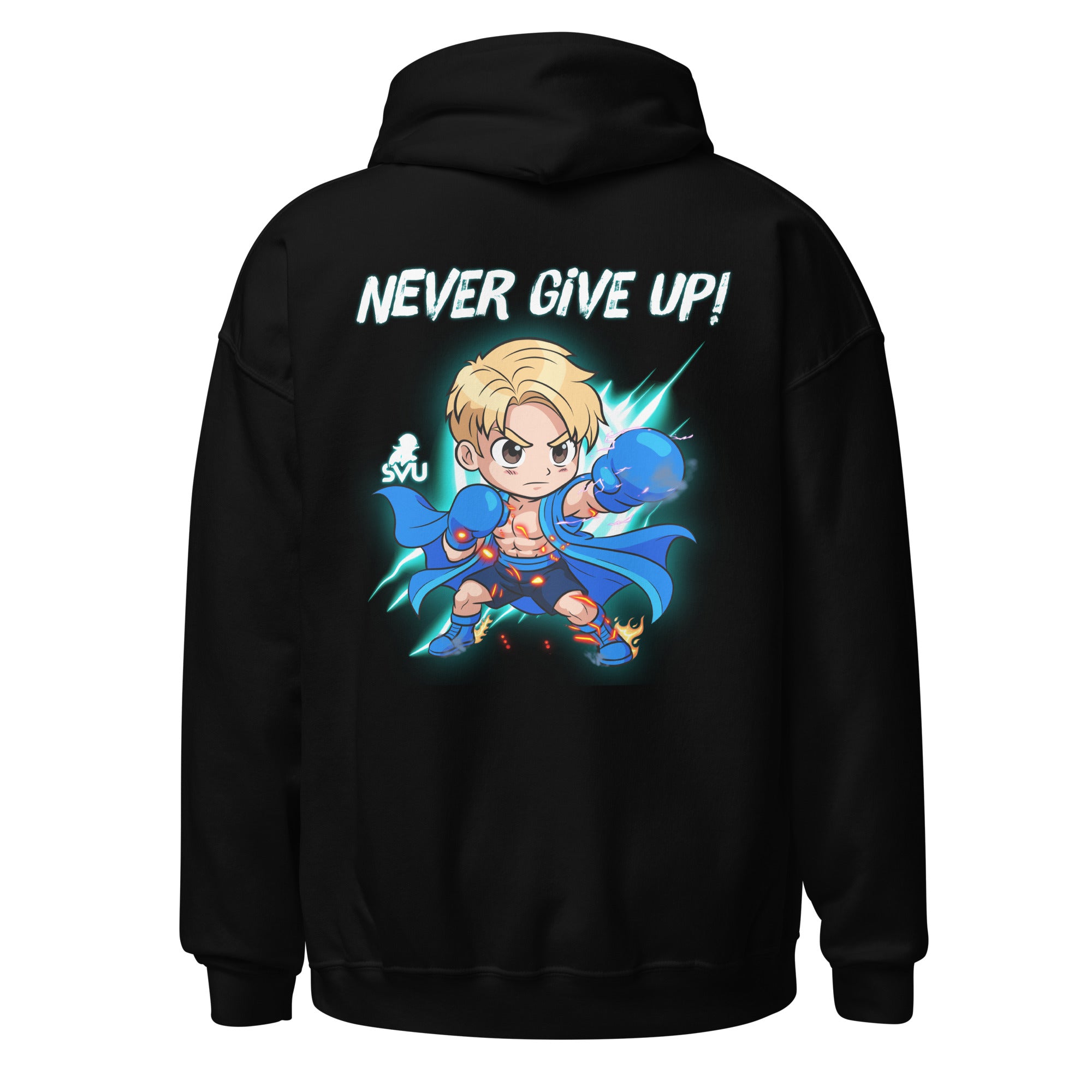 Back view of Never Give Up hoodie with motivational design by SuperVictor