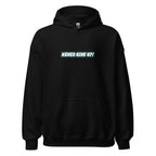 Never Give Up motivational hoodie for adults in black streetwear style