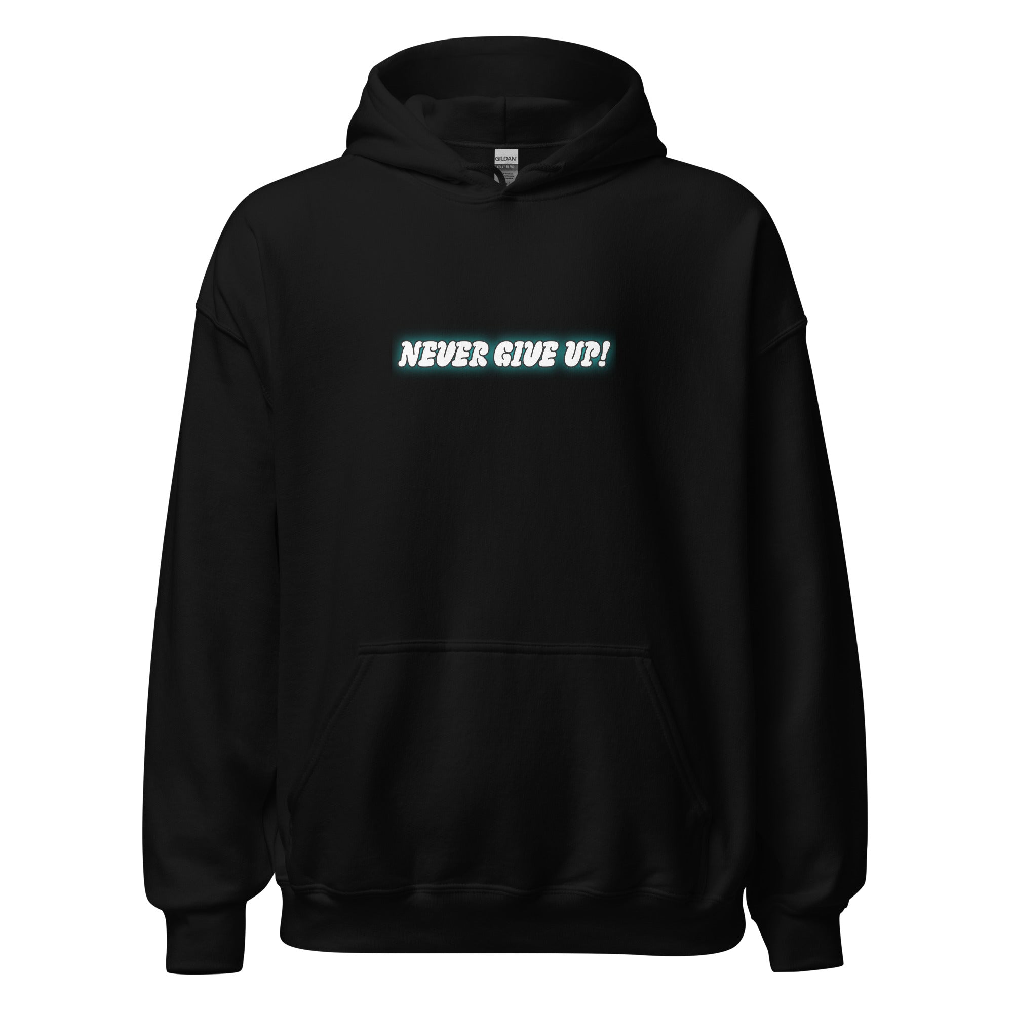Never Give Up motivational hoodie for adults in black streetwear style