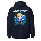 Back view of Never Give Up hoodie with motivational design by SuperVictor