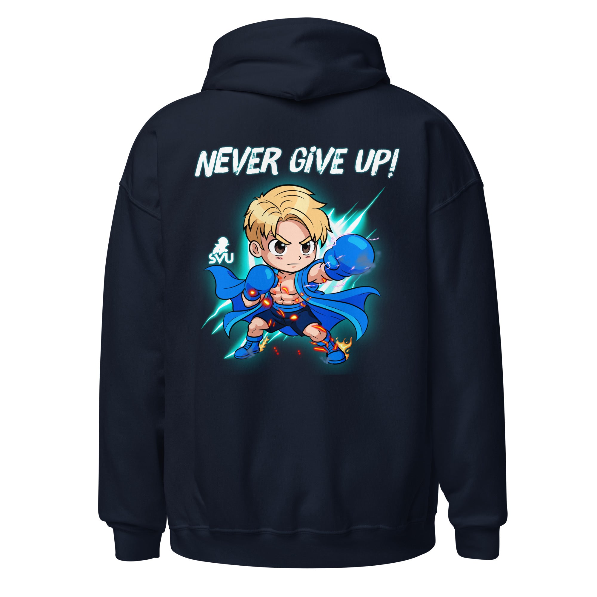 Back view of Never Give Up hoodie with motivational design by SuperVictor