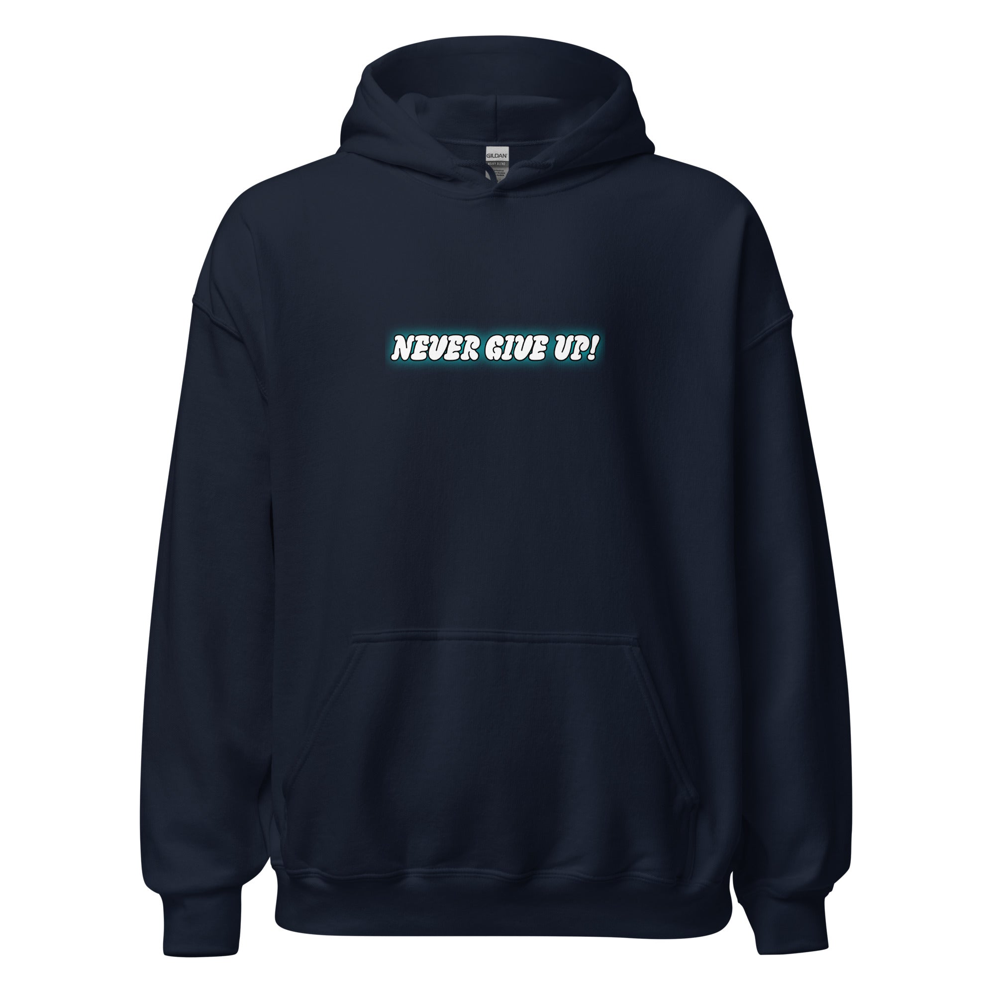 Navy blue Never Give Up motivational streetwear hoodie for adults