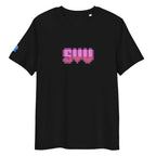 Pixel art gamer t-shirt with SuperVictor logo on black unisex organic cotton tee