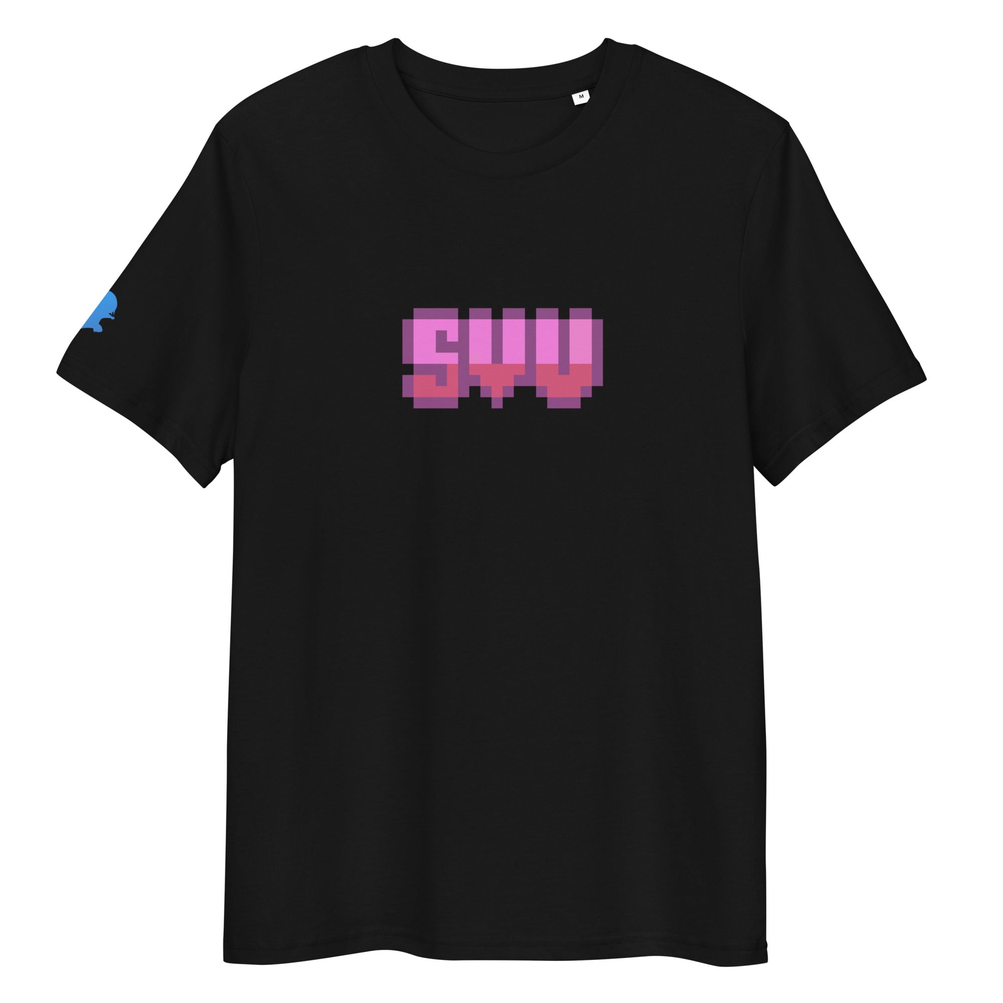 Pixel art gamer t-shirt with SuperVictor logo on black unisex organic cotton tee