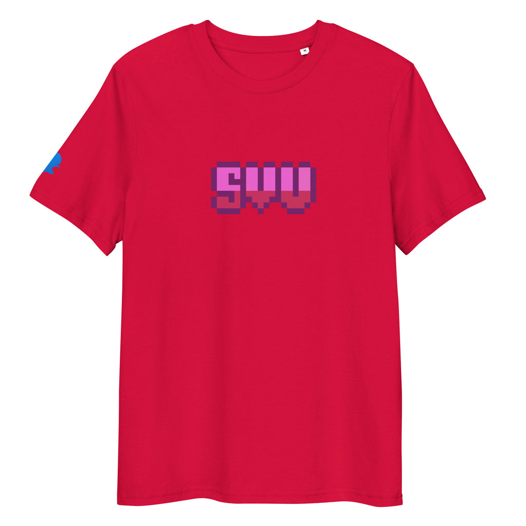 Red pixel gamer t-shirt with SVU logo printed in pixel art style