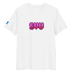 White pixel art unisex t-shirt with retro gaming aesthetic