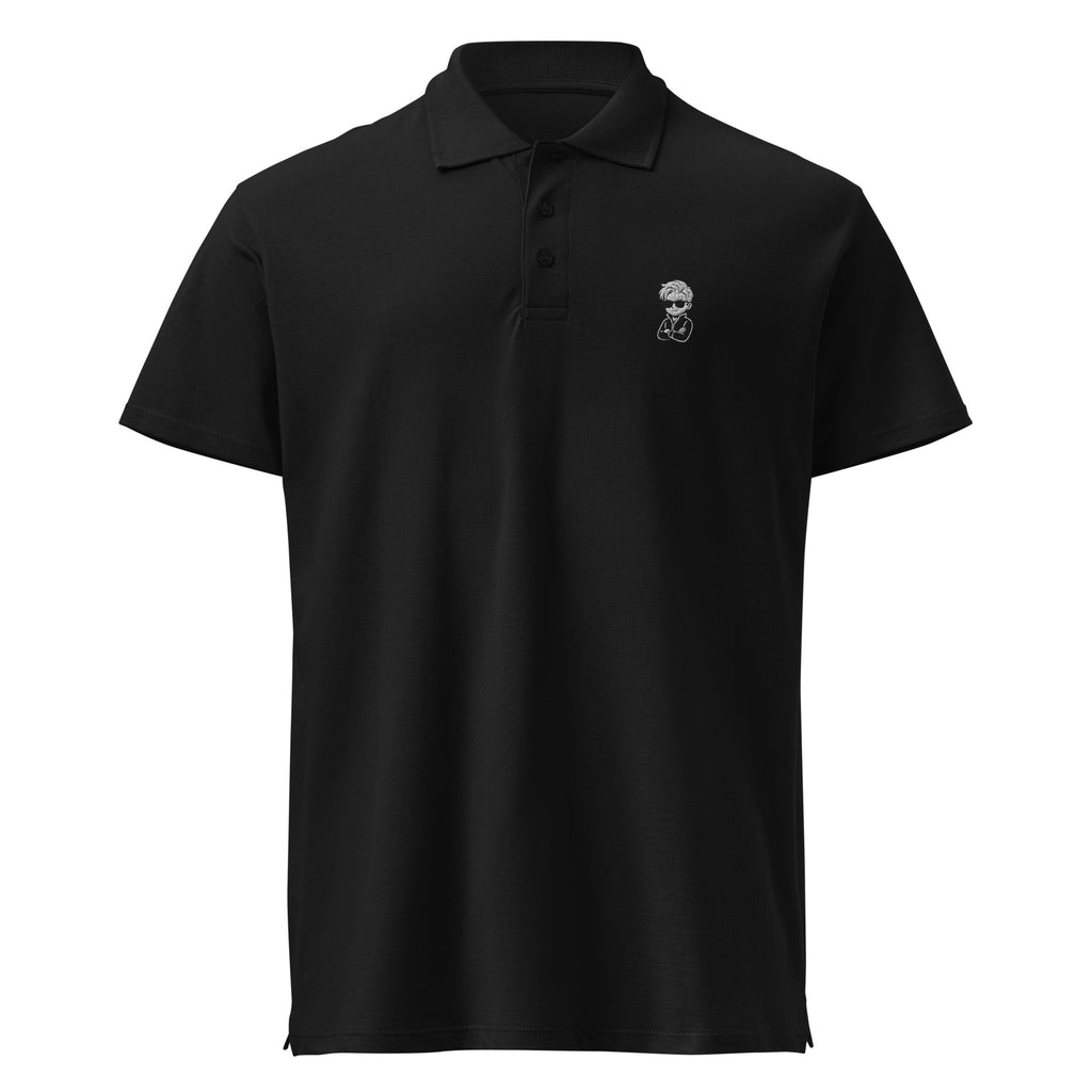 SuperVictor SuperPOLO black unisex premium polo shirt front view minimalist streetwear design